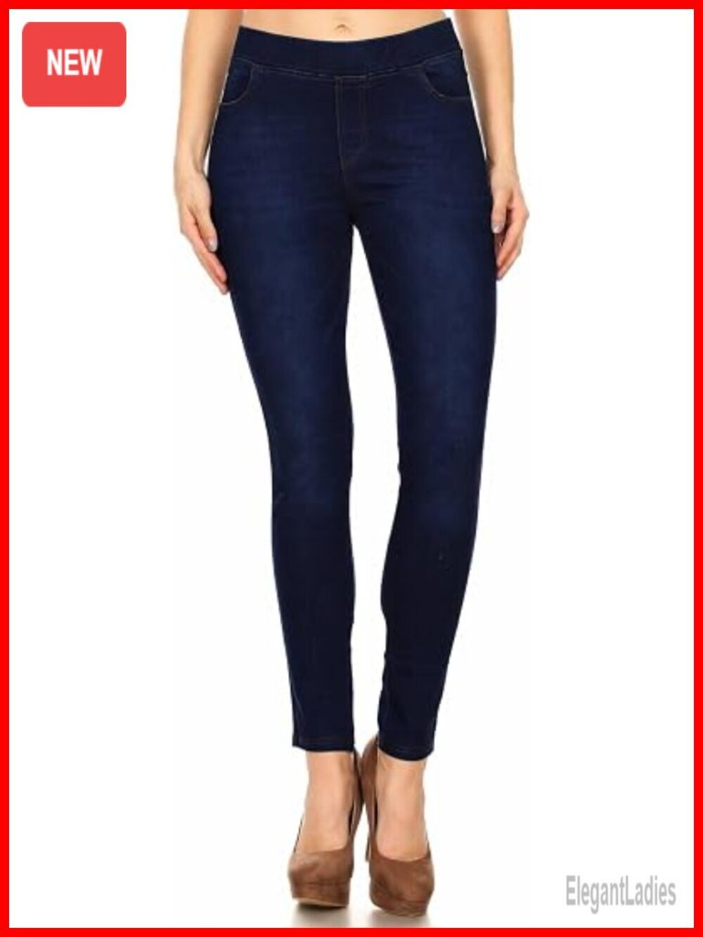 Skinny Jeggings Elastic Waist Pull On Denim Pants with Pockets